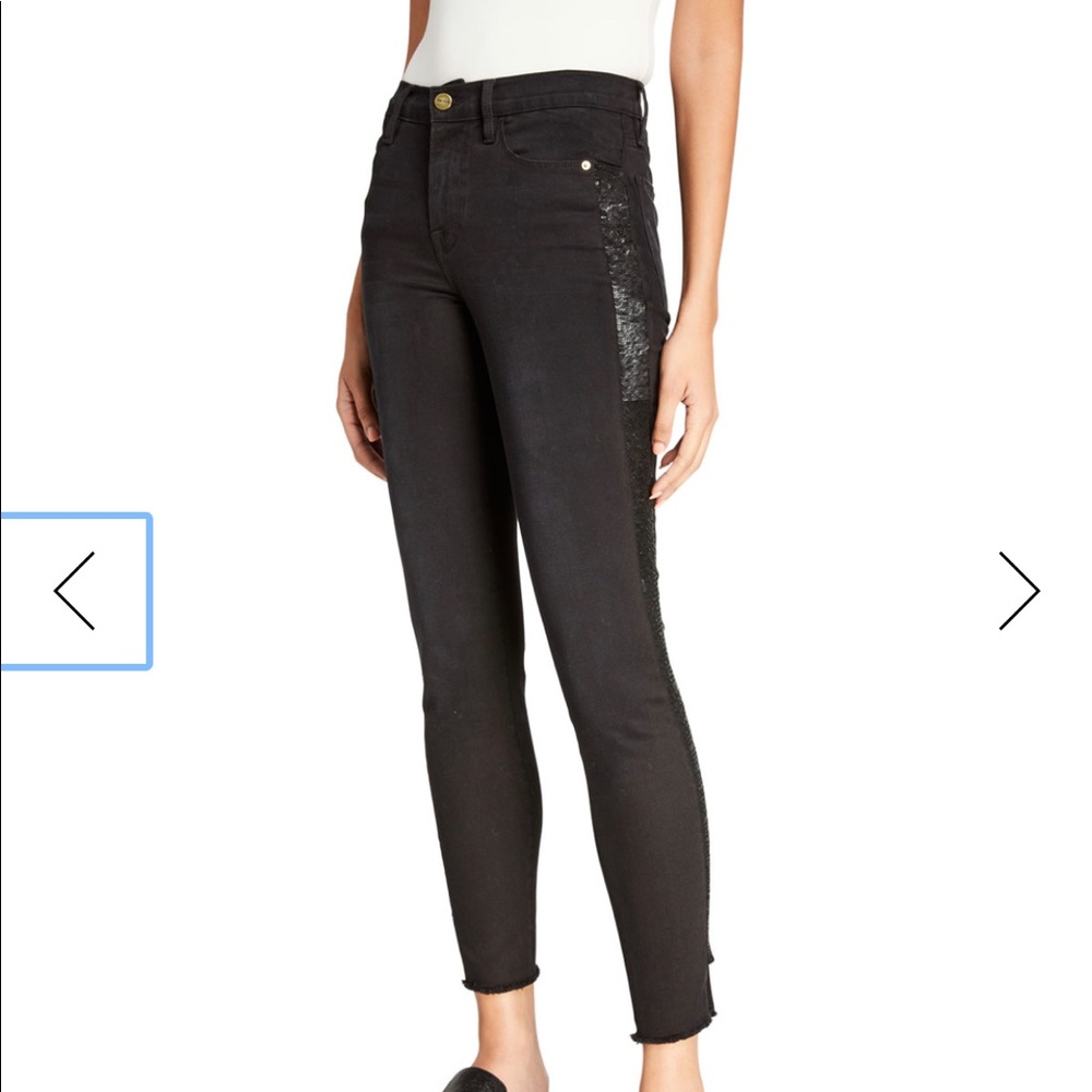 FRAME "Le High Skinny" with sequin tuxedo stripe.